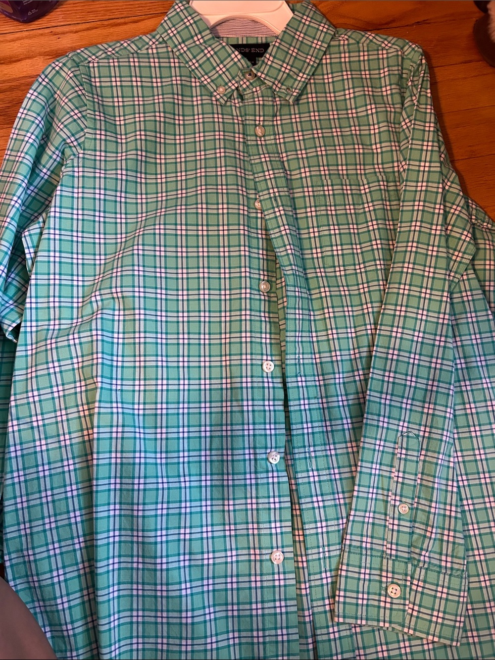 Lands' End boysGreen and White Plaid Button-Down Shirt